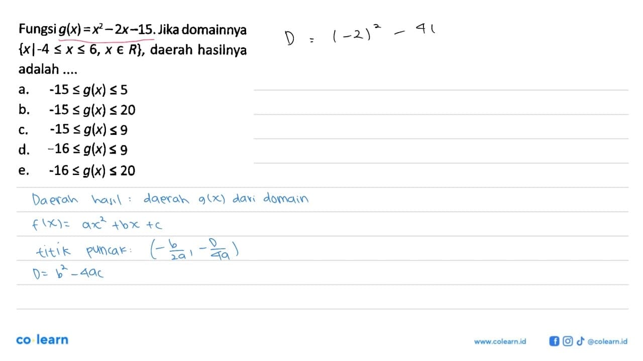 Fungsi g(x)=x^2-2x-15. Jika domainnya {x|-4<=x<=6, xeR},