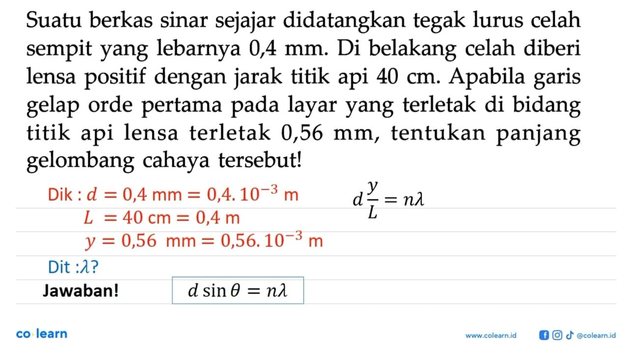 Suatu berkas sinar sejajar didatangkan tegak lurus celah