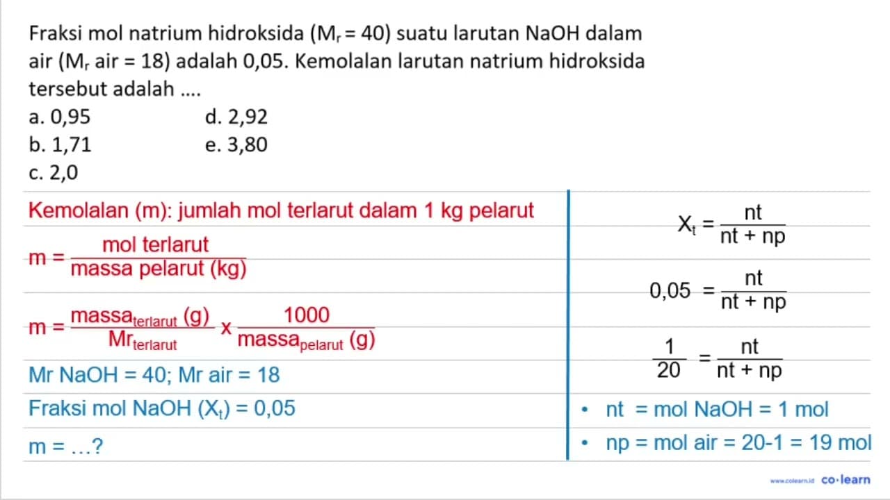 Fraksi mol natrium hidroksida (M_(r)=40) suatu larutan NaOH