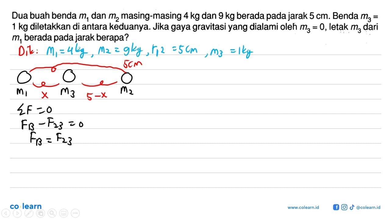 Dua buah benda m1 dan m2 masing-masing 4 kg dan 9 kg berada