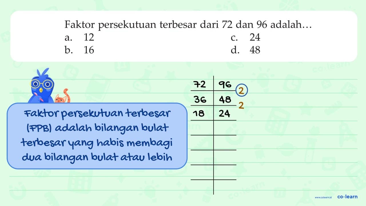 Faktor persekutuan terbesar dari 72 dan 96 adalah.