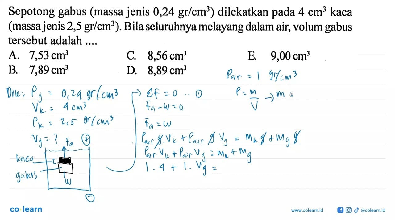 Sepotong gabus (massa jenis 0,24 gr/cm^3) dilekatkan pada 4