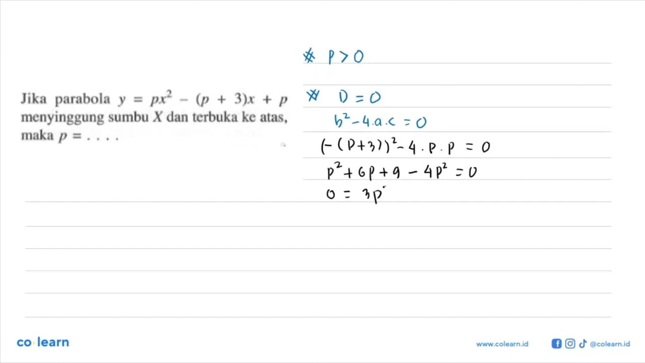 Jika parabola y=px^2-(p+3)x+p menyinggung sumbu X dan