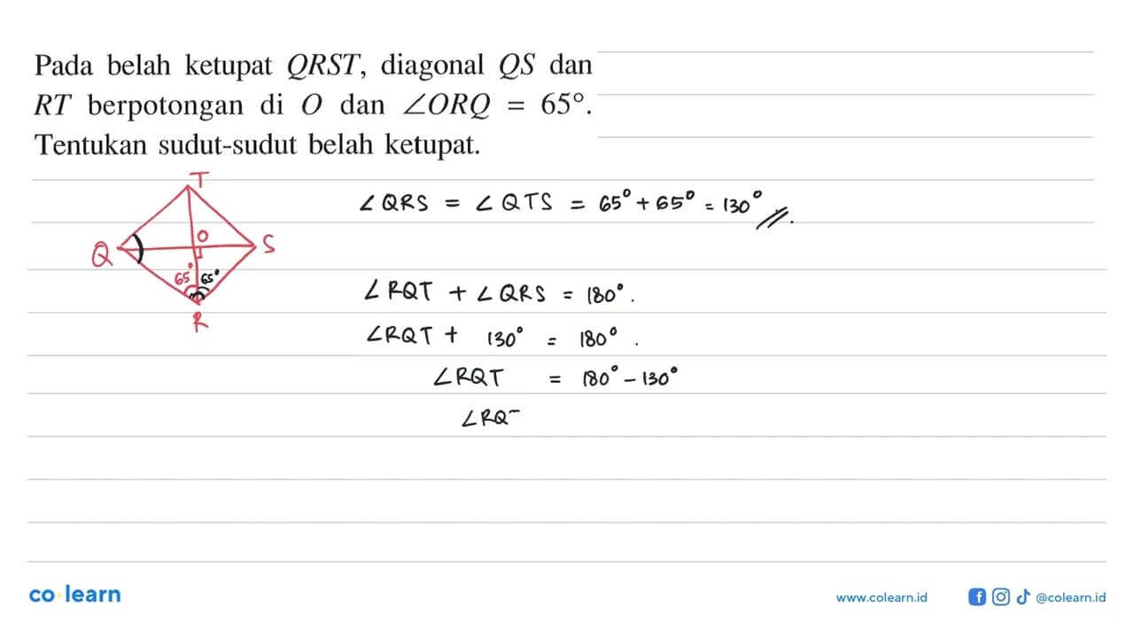 Pada belah ketupat QRST, diagonal QS dan RT berpotongan di