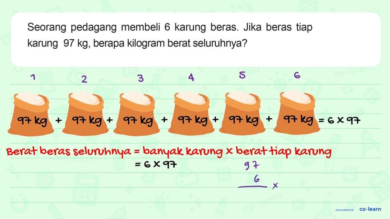 Seorang pedagang membeli 6 karung beras. Jika beras tiap