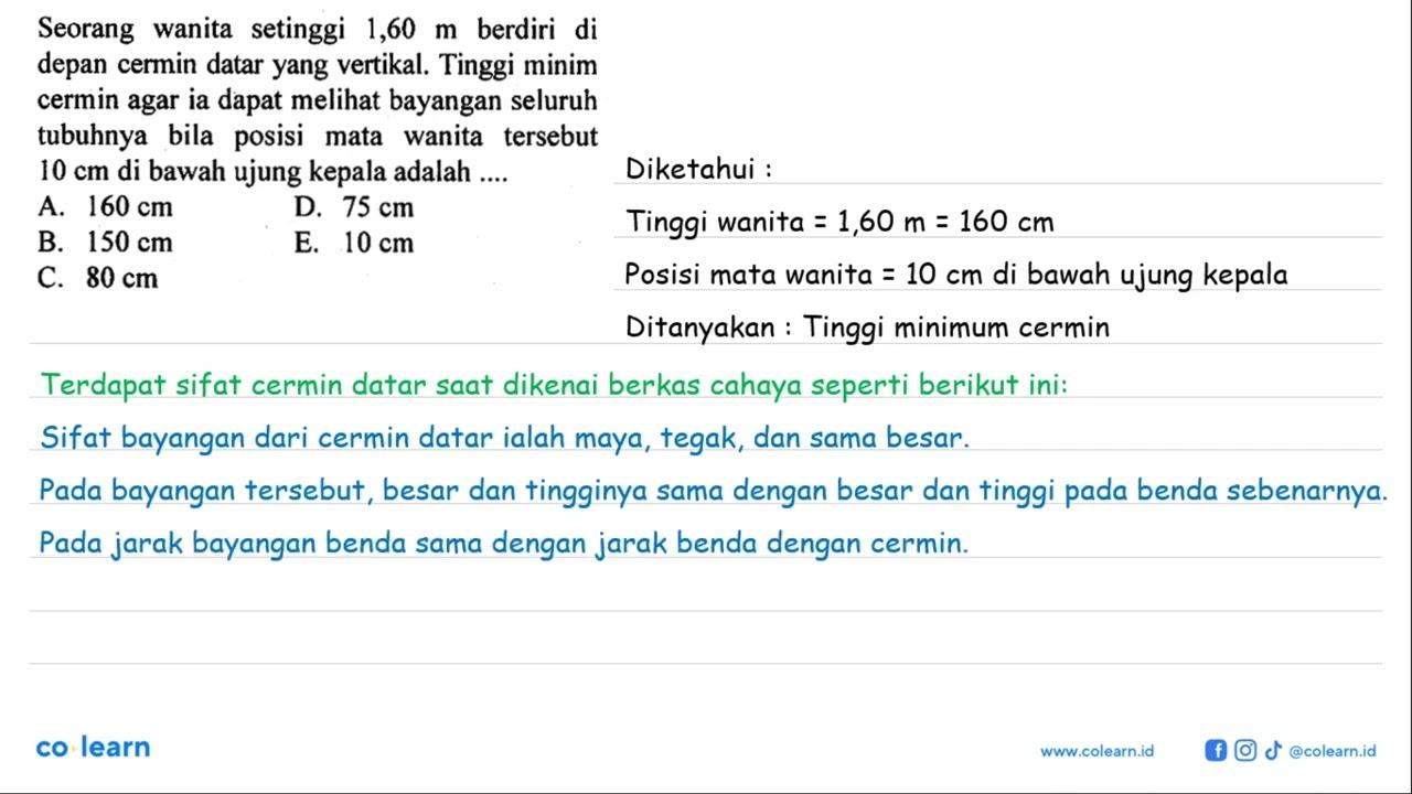 Seorang wanita setinggi 1,60 m berdiri di depan cermin