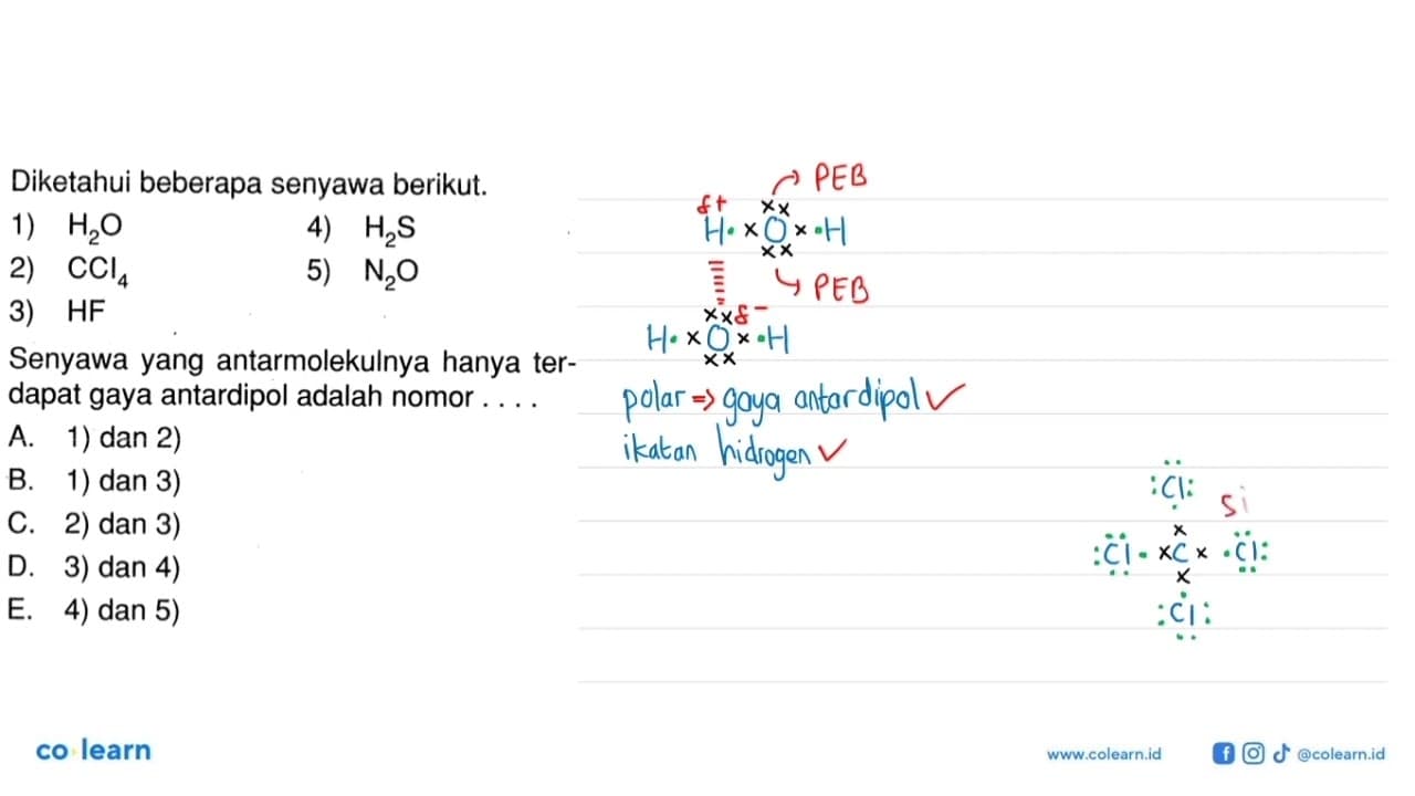 Diketahui beberapa senyawa berikut. 1) H2O 2) CCl4 3) HF 4)