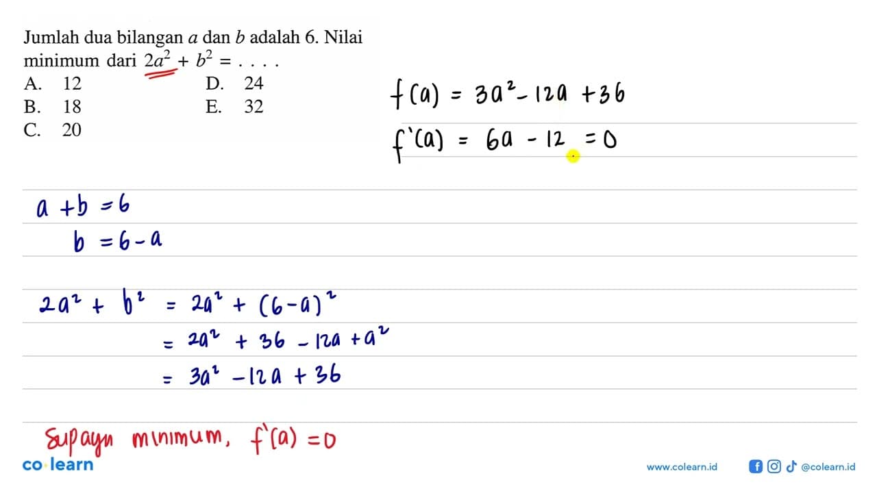 Jumlah dua bilangan a dan b adalah 6. Nilai minimum dari