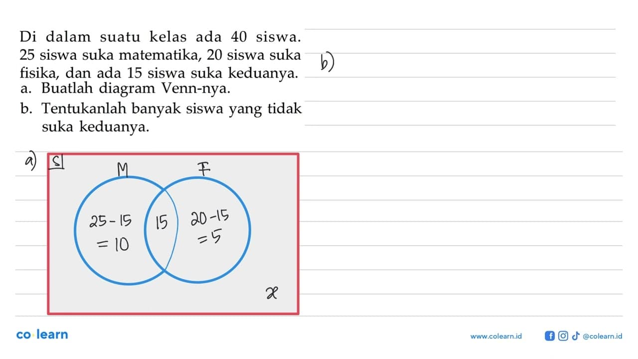 Di dalam suatu kelas ada 40 siswa. 25 siswa suka