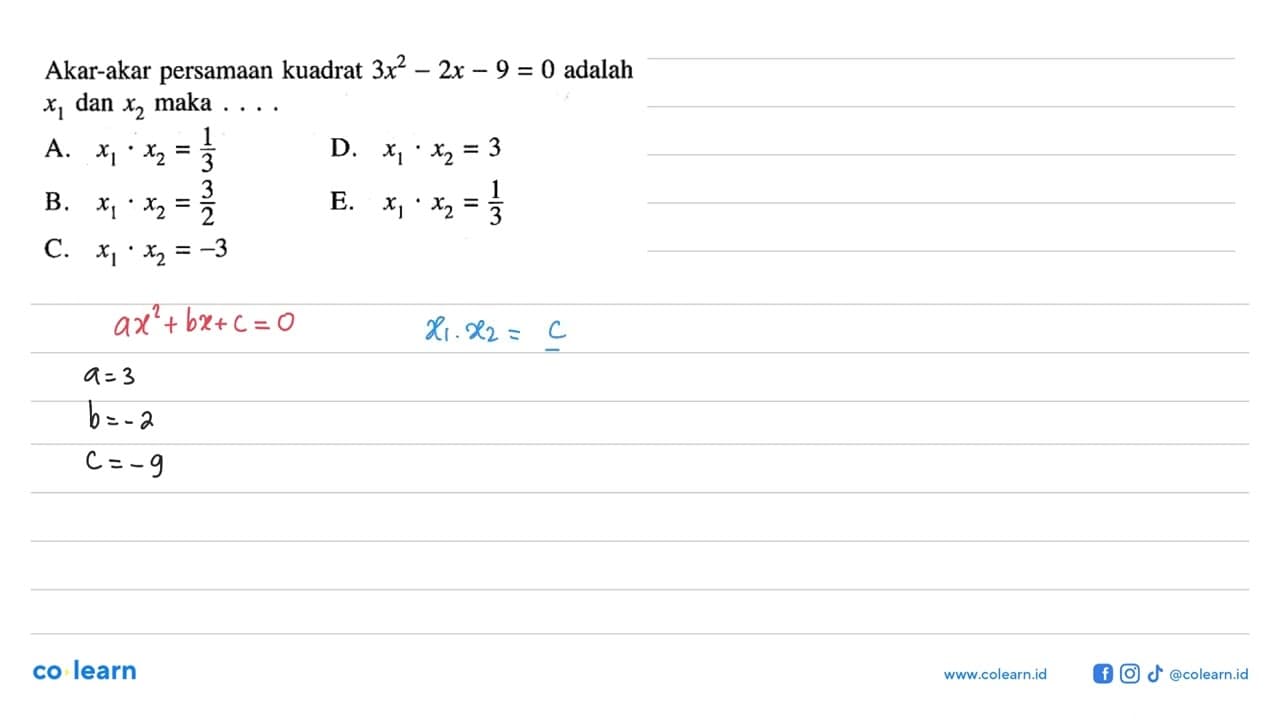 Akar-akar persamaan kuadrat 3x^2 - 2x - 9 = 0 adalah x1 dan