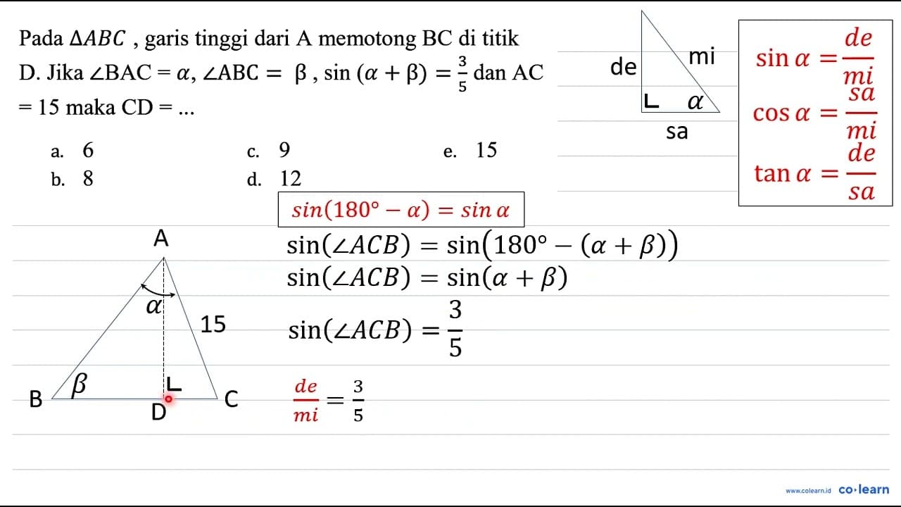 Pada segitiga A B C , garis tinggi dari A memotong BC di