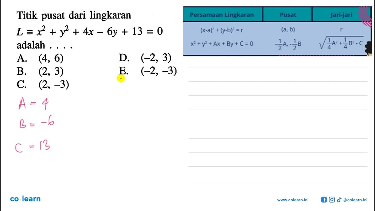 Titik pusat dari lingkaran L ekuivalen x^2+y^2+4x-6y+13=0