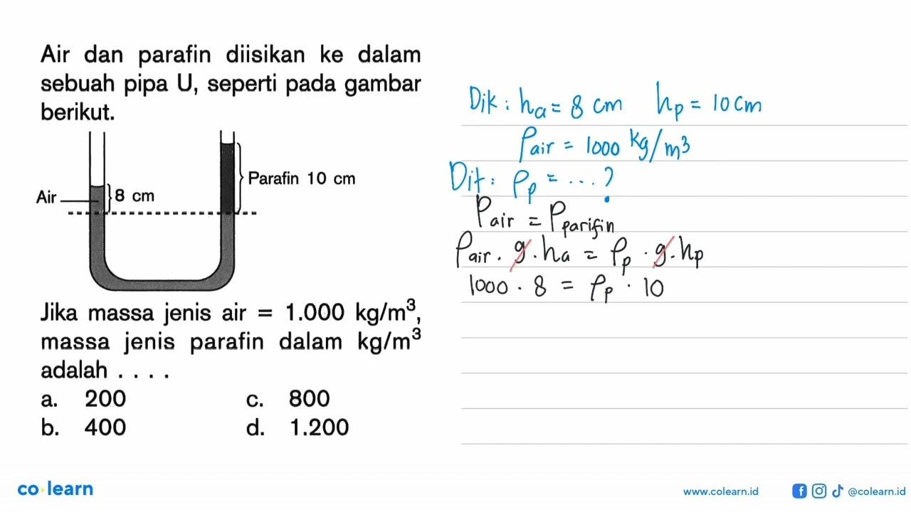 Air dan parafin diisikan ke dalam sebuah pipa U, seperti