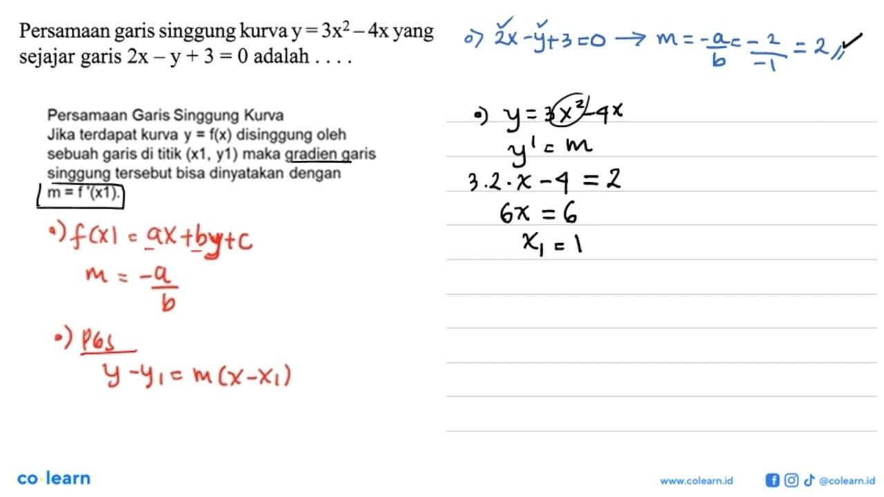 Persamaan garis singgung kurva y=3x^2-4x yang sejajar garis