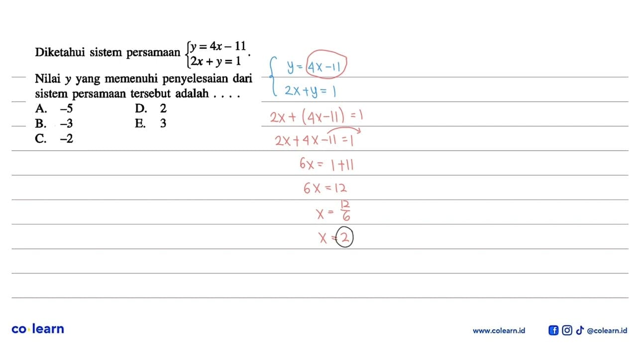 Diketahui sistem persamaan {y=4x-11 2x+y=1. Nilai y yang