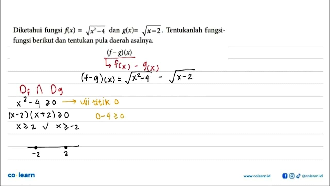 Diketahui fungsi f(x)=akar(x^2-4) dan g(x)=akar(x-2).