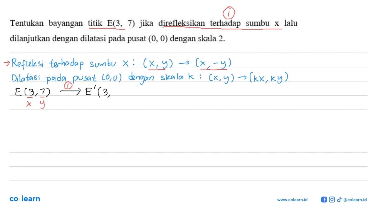 Tentukan bayangan titik E(3, 7) jika direfleksikan terhadap