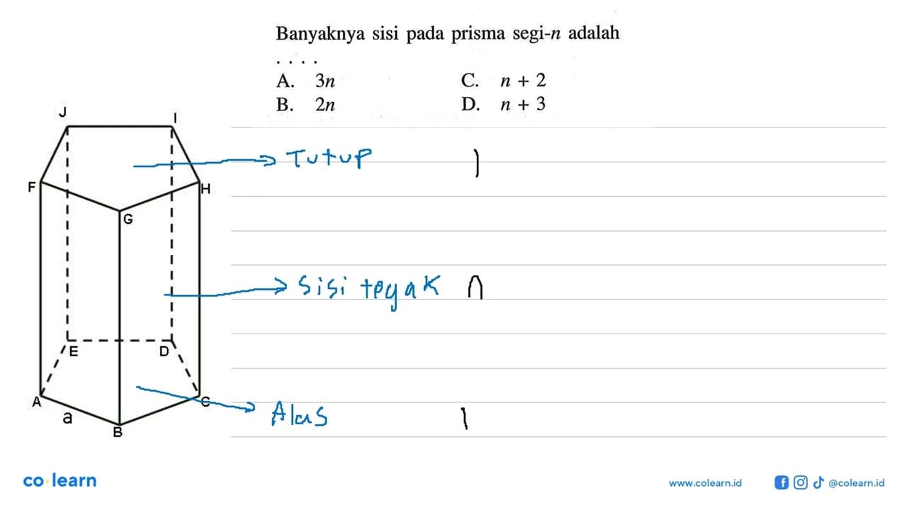 Banyaknya sisi pada prisma segi-n adalah ...