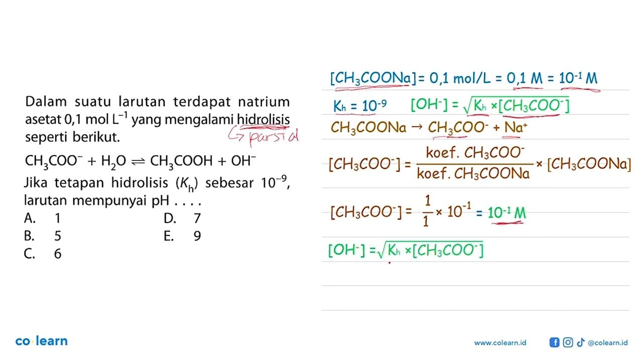 Dalam suatu larutan terdapat natrium asetat 0,1 mol L^(-1)