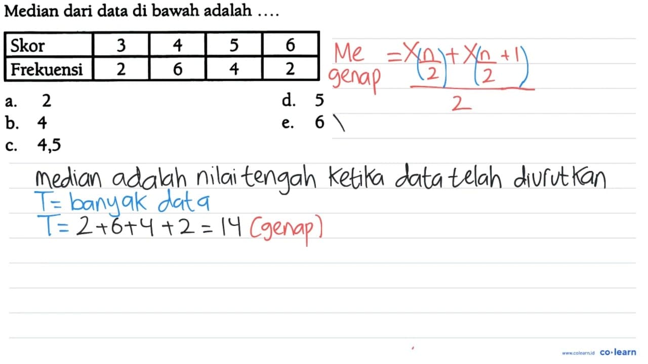 Median dari data di bawah adalah .... Skor 3 4 5 6