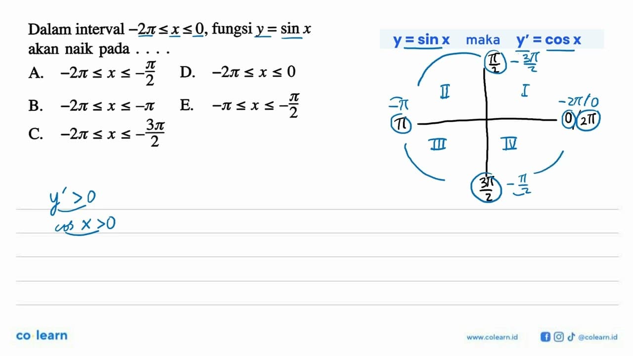 Dalam interval -2pi <= x <= 0, fungsi y = sin x akan naik