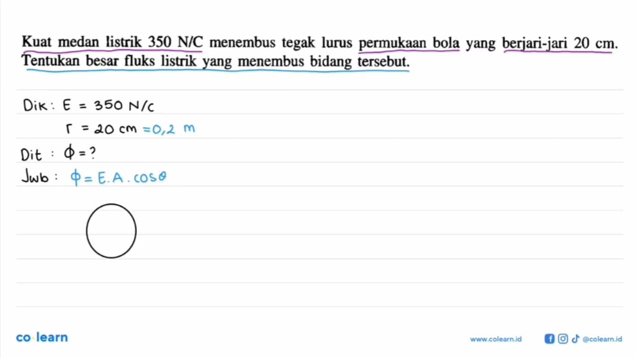 Kuat medan listrik 350 N/C menembus tegak lurus permukaan