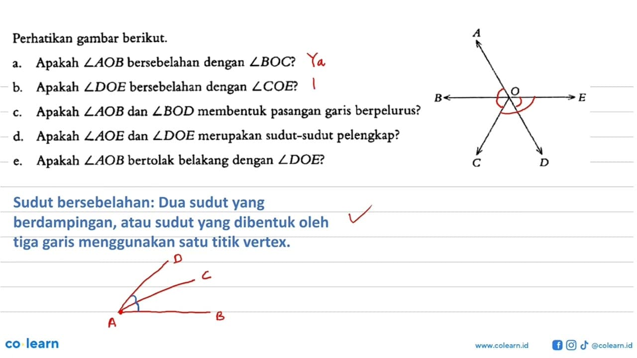 Perhatikan gambar berikut.a. Apakah sudut AOB bersebelahan