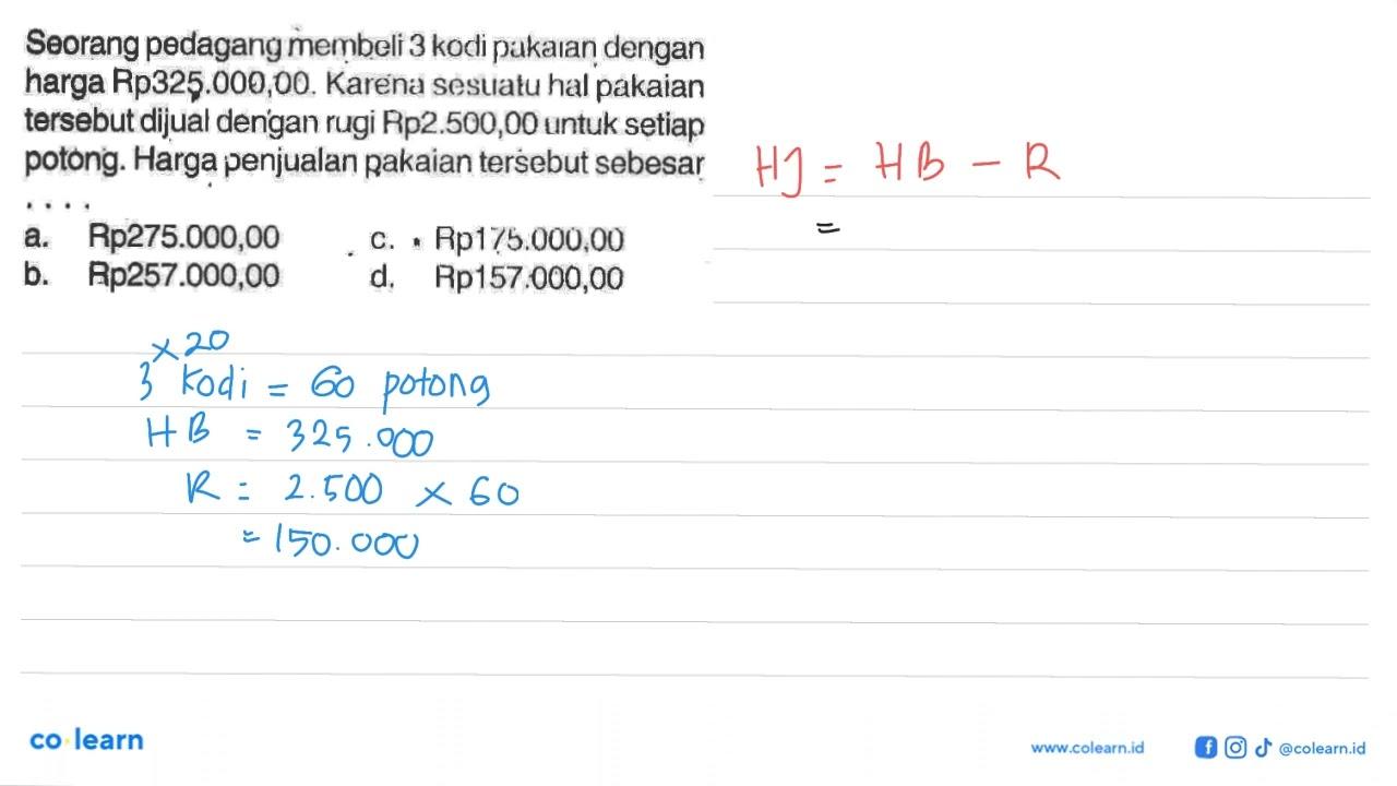 Seorang pedagang membeli 3 kodi pakaran dengan harga