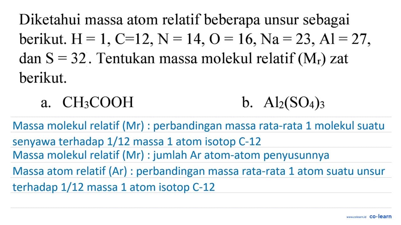 Diketahui massa atom relatif beberapa unsur sebagai