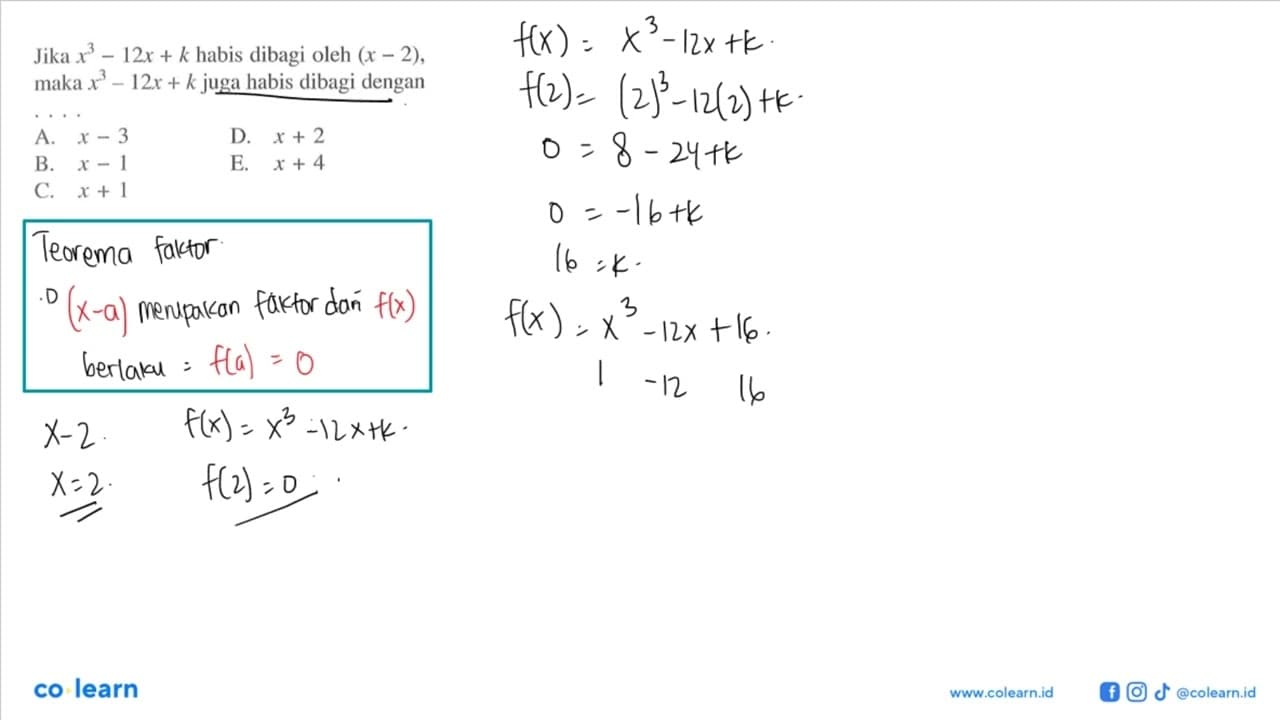 Jika x^3-12x+k habis dibagi oleh 9x-2), maka x^3-12x+k juga