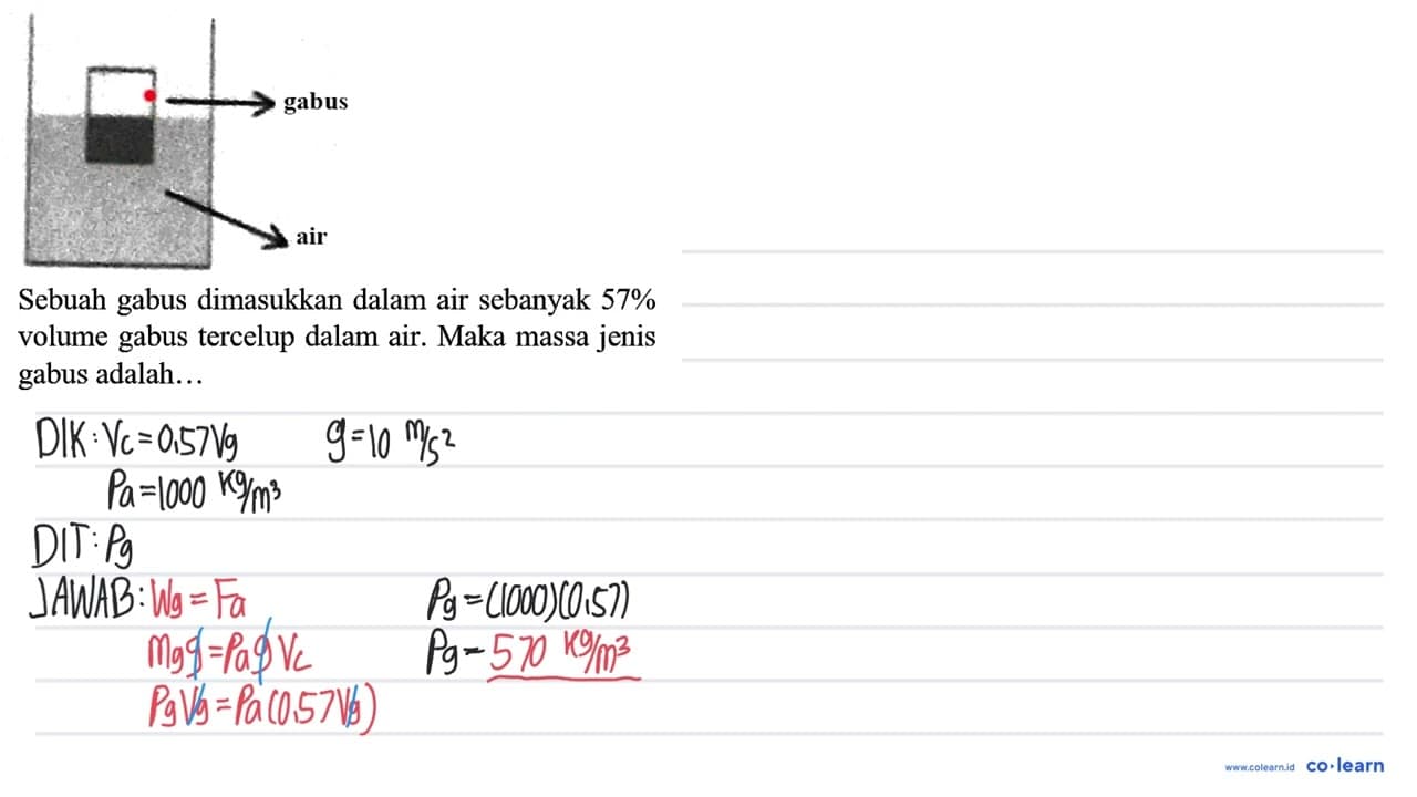 Sebuah gabus dimasukkan dalam air sebanyak 57 % volume