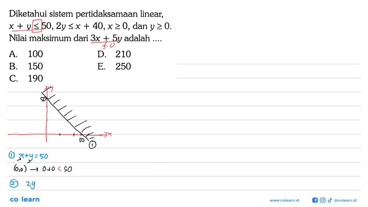 Diketahui sistem pertidaksamaan linear; x+y<= 50,2y<=x +