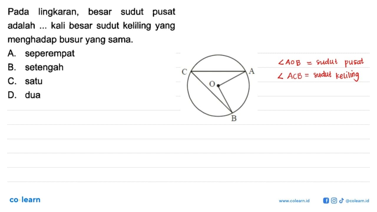 Pada lingkaran, besar sudut pusat adalah ... kali besar