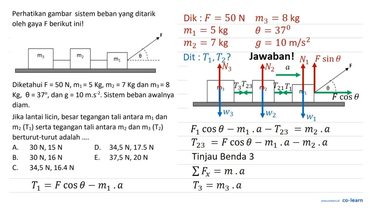 Perhatikan gambar sistem beban yang ditarik oleh gaya F