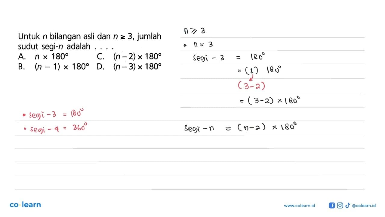 Untuk n bilangan asli dan n>=3 , jumlah sudut segi-n adalah