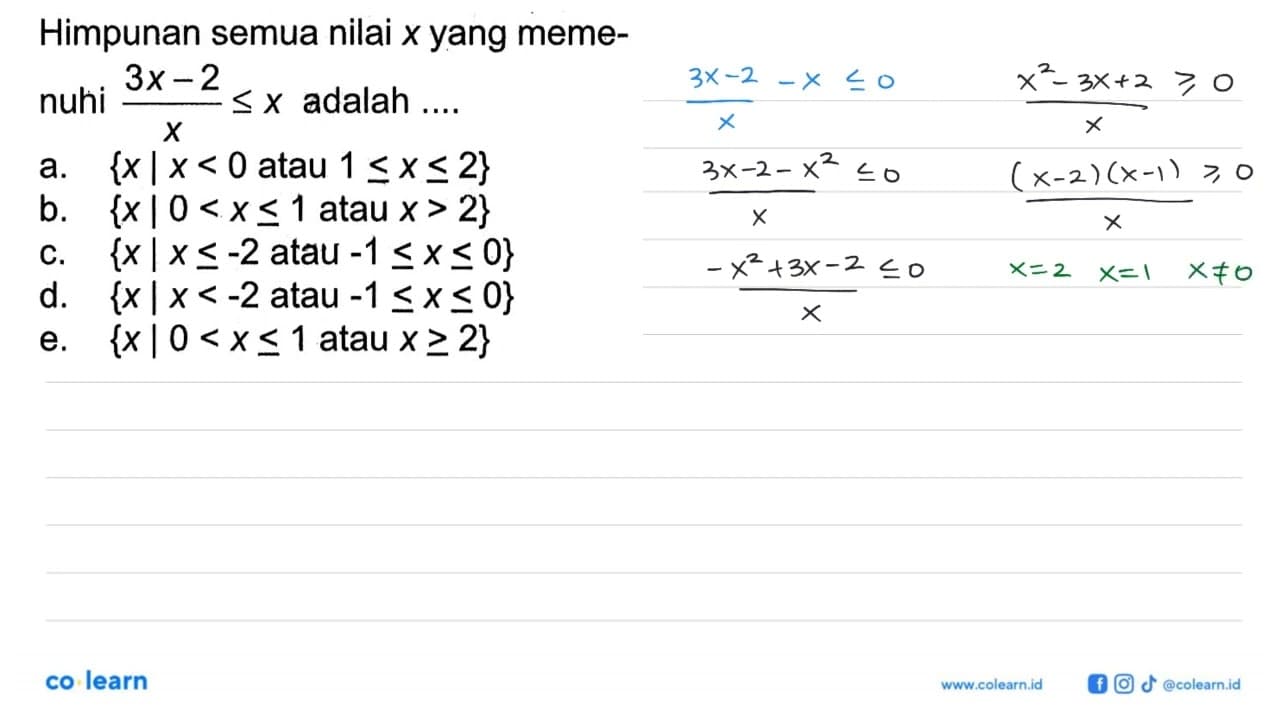 Himpunan semua nilai x yang meme-nuhi (3x-2)/x<=x adalah