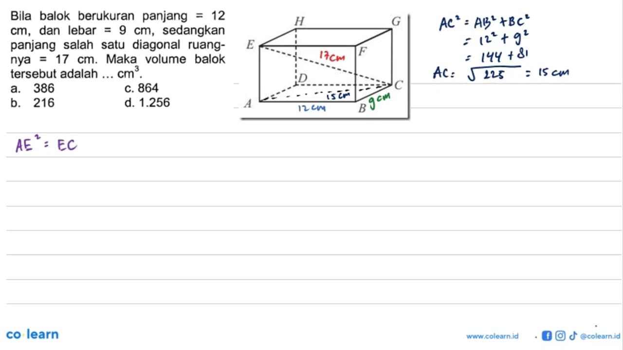 Bila balok berukuran panjang =12 cm , dan lebar =9 cm ,