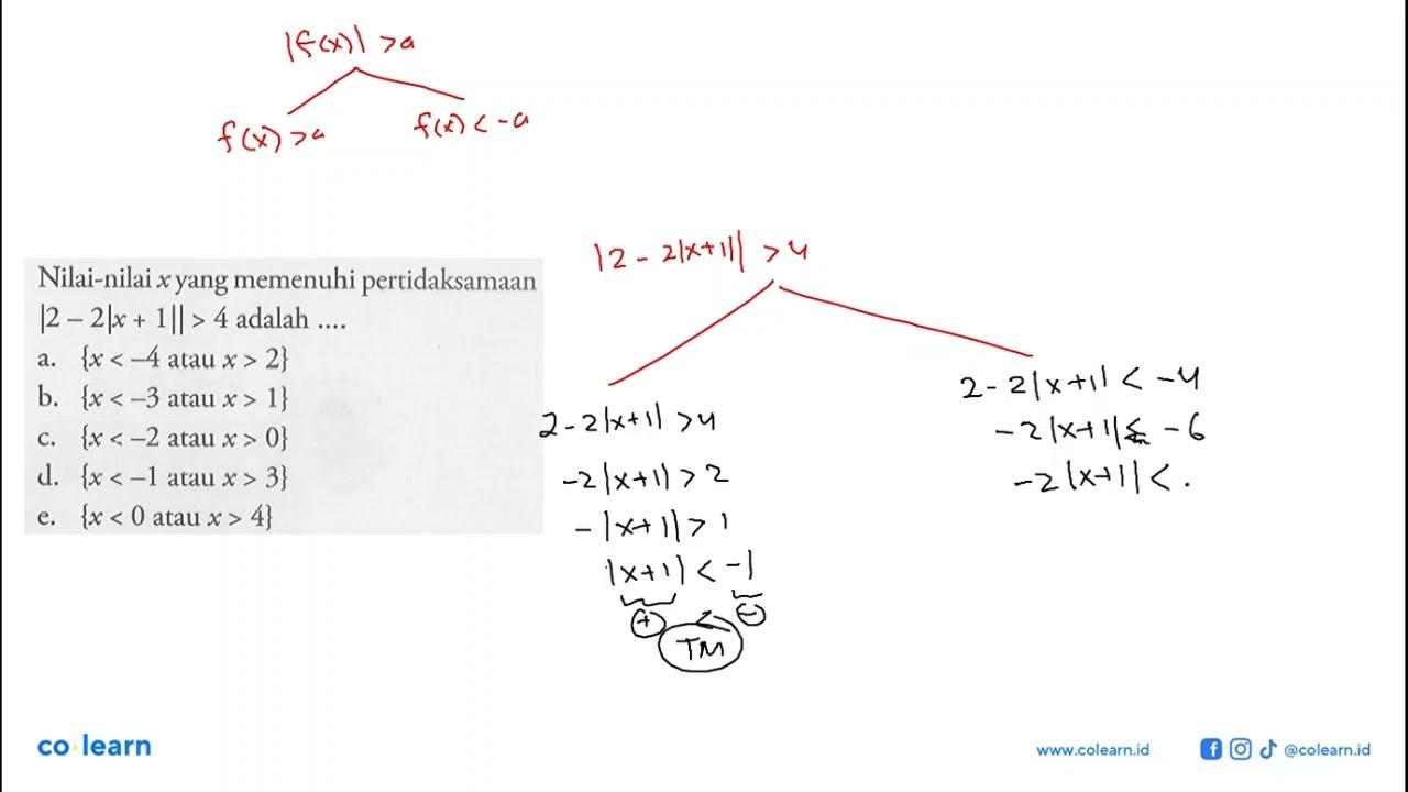 Nilai-nilai x yang memenuhi pertidaksamaan |2-2|x+1||>4