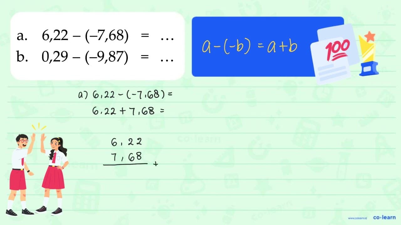 a. 6,22 - (-7,68) = ... b. 0,29 - (-9,87) = ...