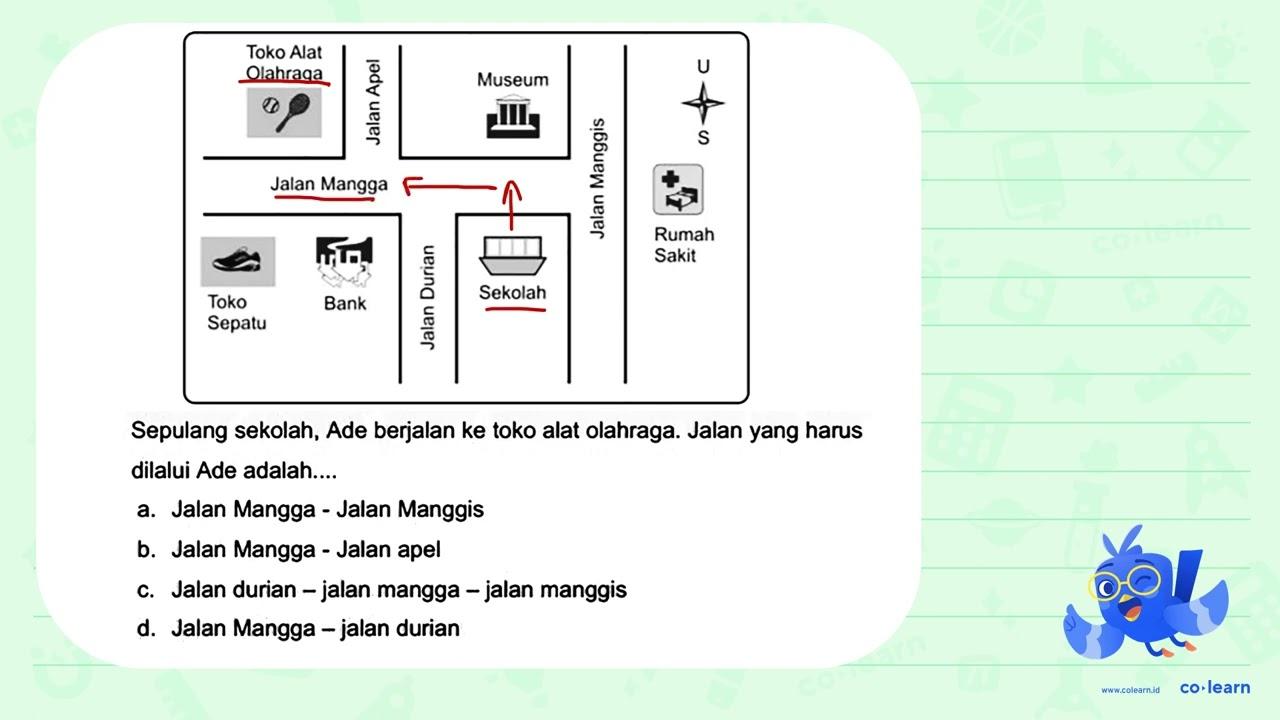 Sepulang sekolah, Ade berjalan ke toko alat olahraga. Jalan