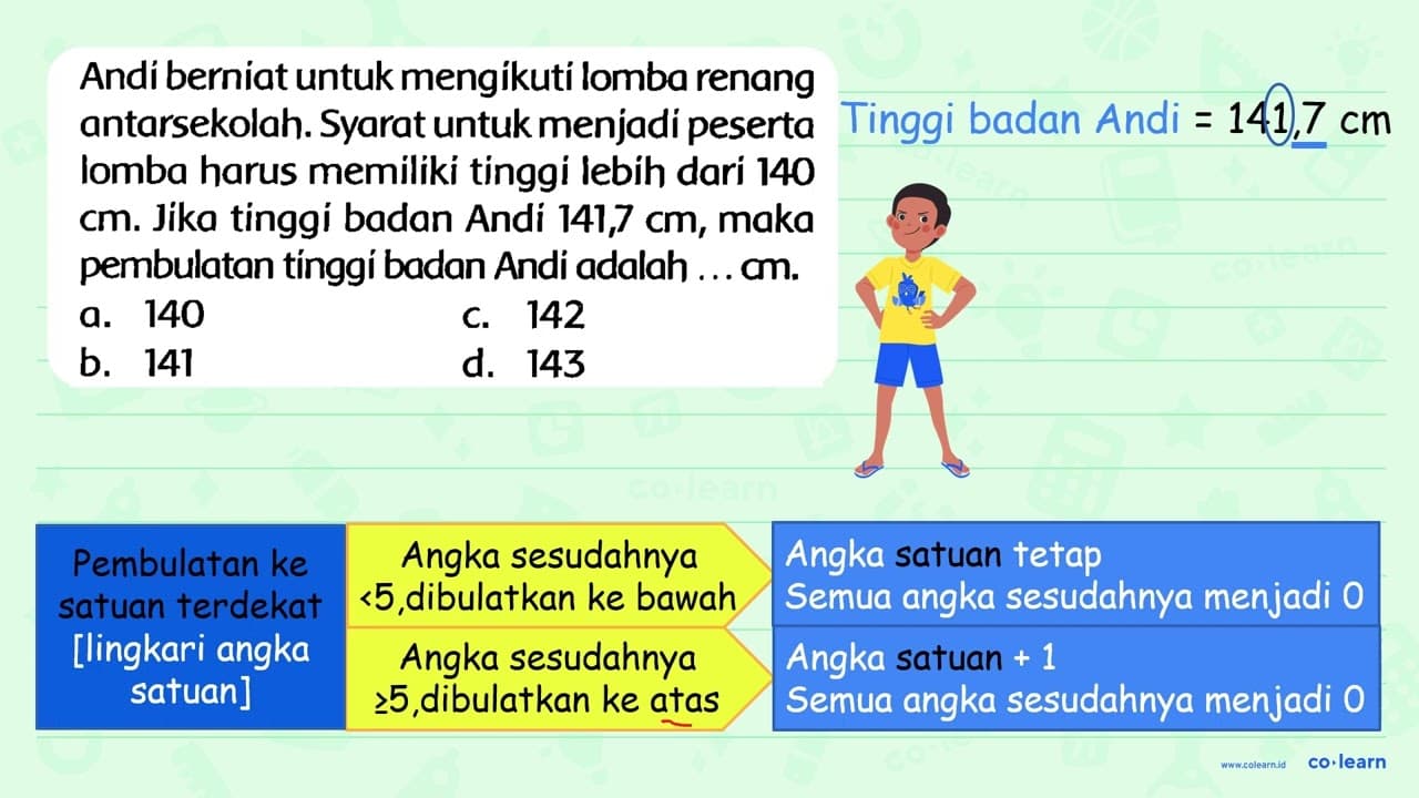 Andi berniat untuk mengikuti lomba renang antarsekolah.