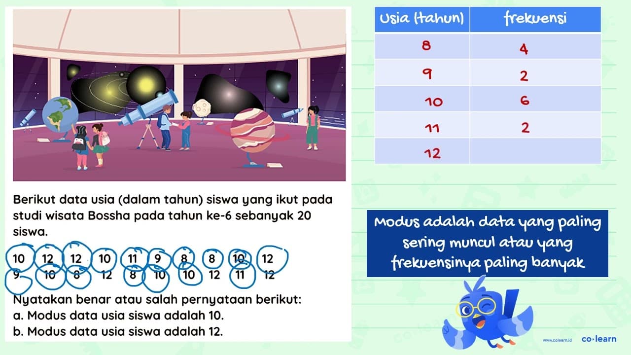 Berikut data usia (dalam tahun) siswa yang ikut pada studi