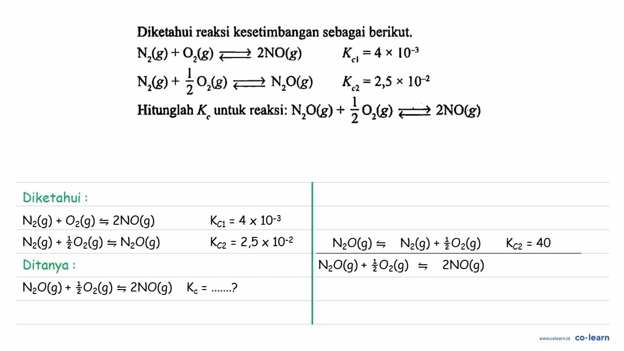 Diketahui reaksi kesetimbangan sebagai berikut. N2 (g) + O2