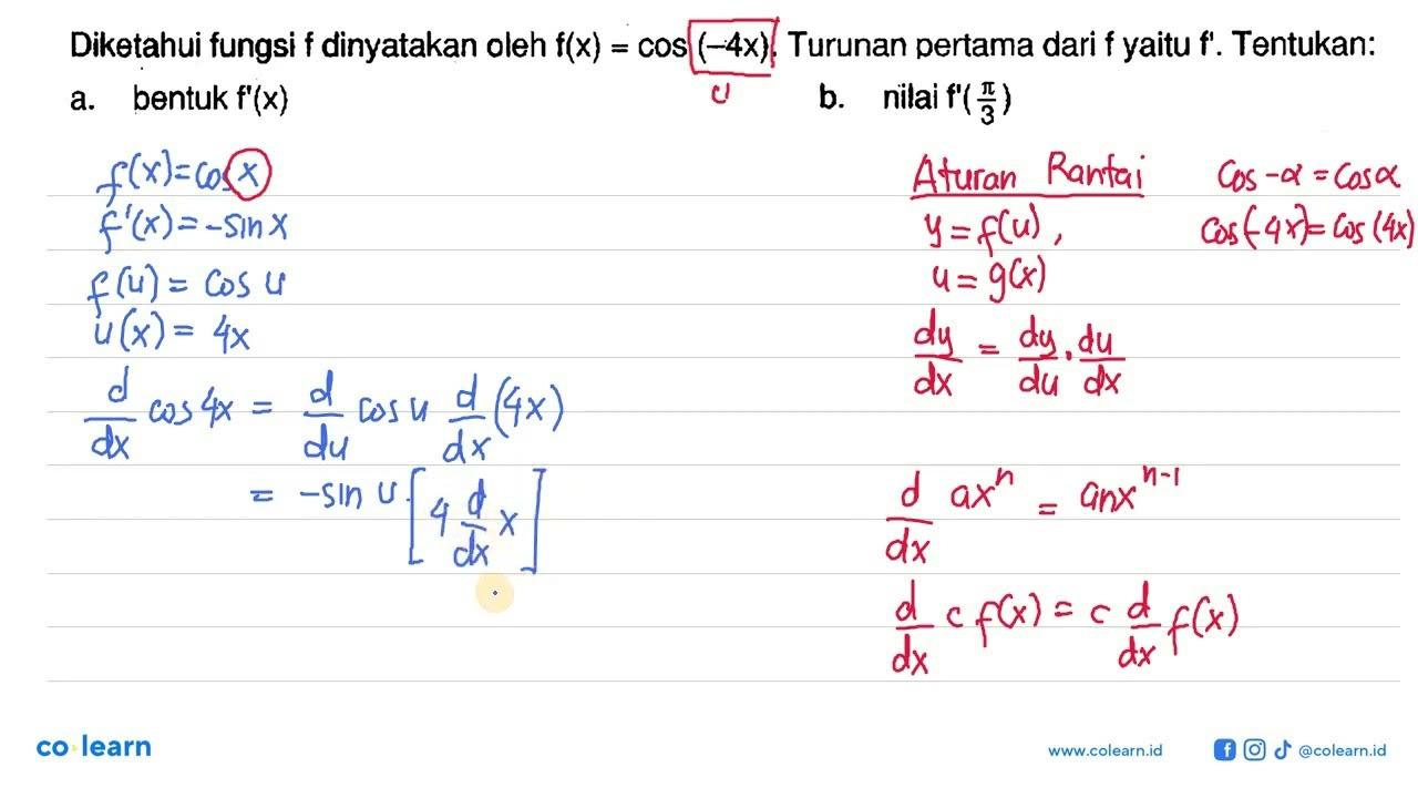 Diketahui fungsi f dinyatakan oleh f(x)=cos(-4x). Turunan