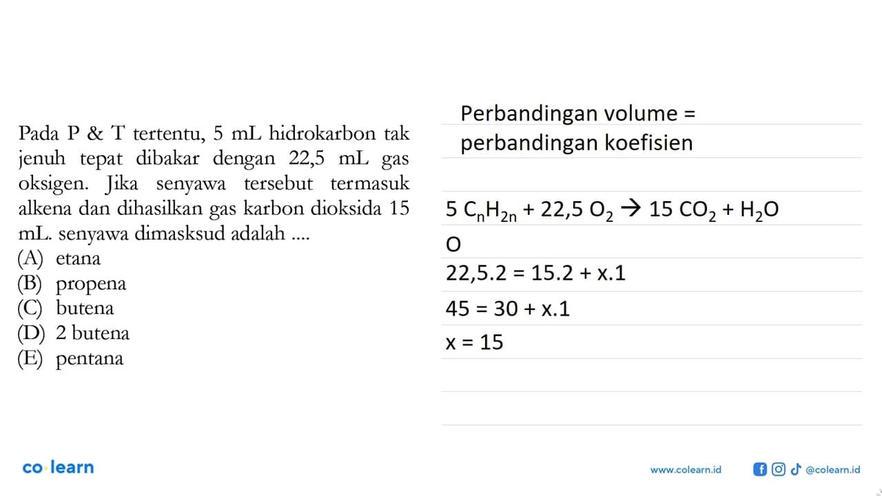 Pada P & T tertentu, 5 mL hidrokarbon tak jenuh tepat