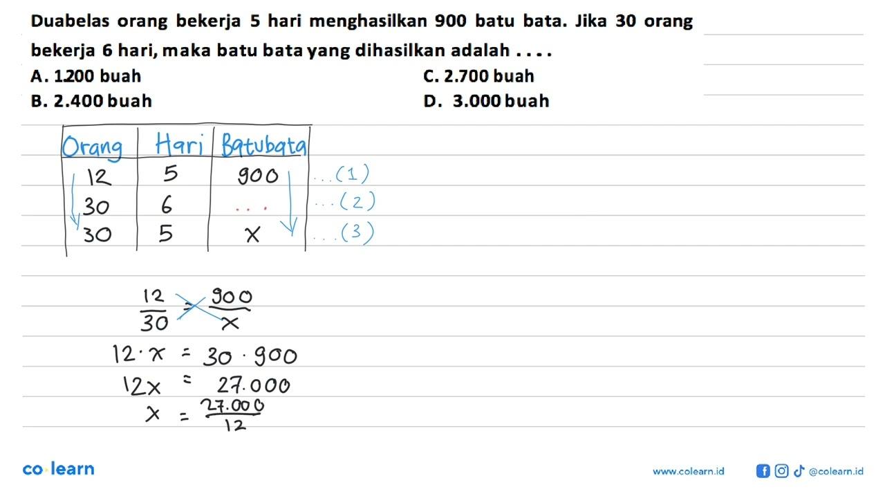 Duabelas orang bekerja 5 hari menghasilkan 900 batu bata.