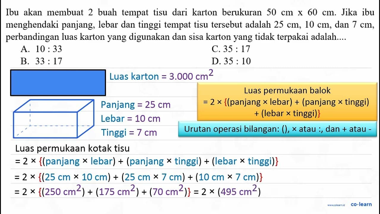 Ibu akan membuat 2 buah tempat tisu dari karton berukuran