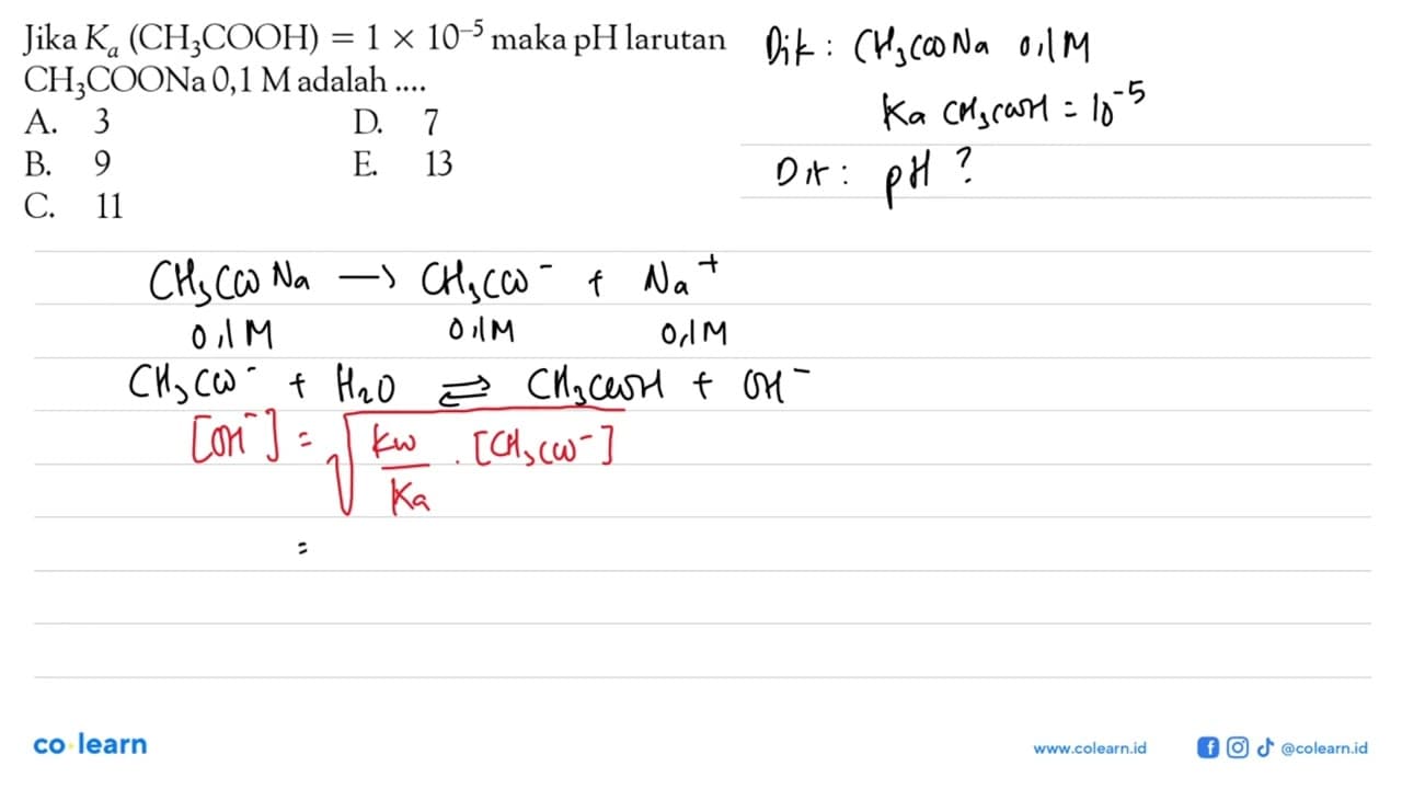 Jika Ka(CH3 COOH)=1 x 10^(-5) maka pH larutan CH3COONa 0,1