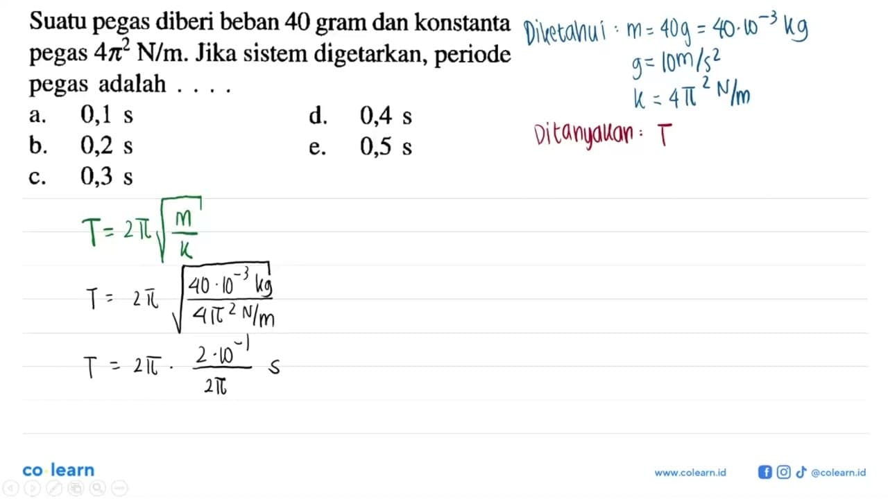 Suatu pegas diberi beban 40 gram dan konstanta pegas 4 pi^2