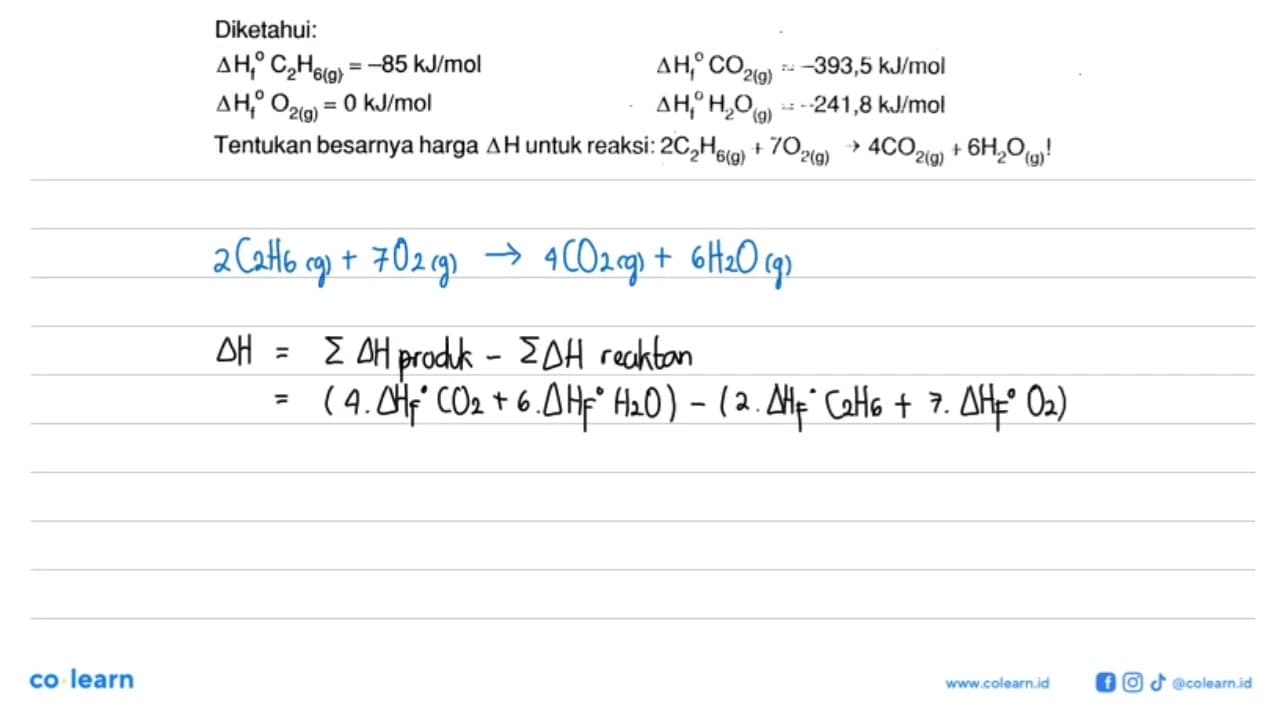 Diketahui: delta Hf C2H6 (g) = -85 kJ/mol delta Hf CO2 (g)